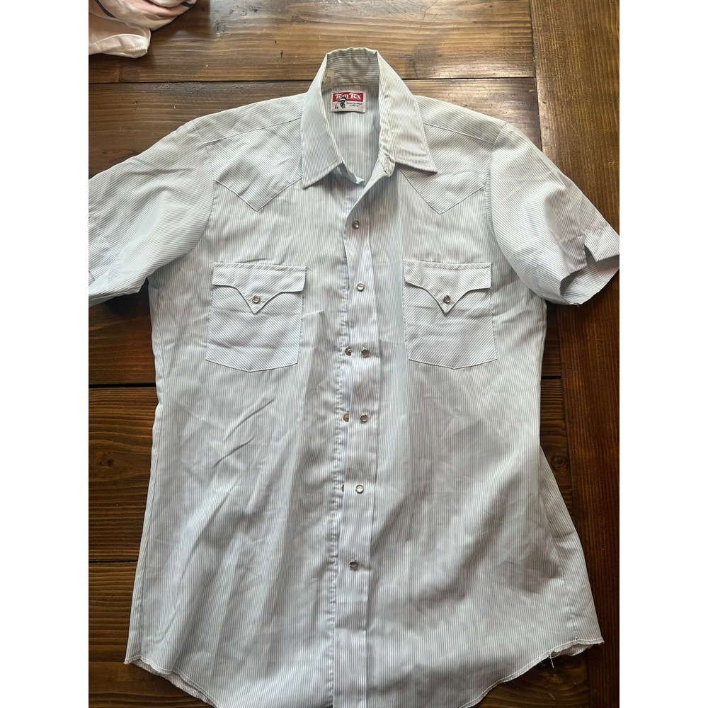 Vintage Tem Tex Mens Blue White Pinstripe Pearl Snap Short Sleeve Western Shirt